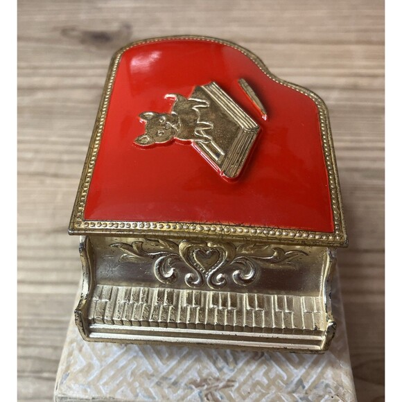 VTG Grand Piano Dog Inkwell Gold Tone Metal Red Enamel Japan Collectible In Box